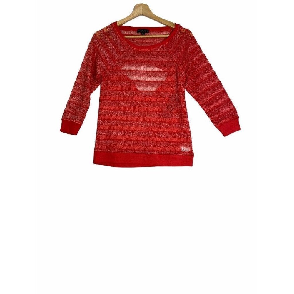 Rampage Womens Knit Blouse Red Striped Long Sleeve Scoop Neck Mesh Shimmer M New